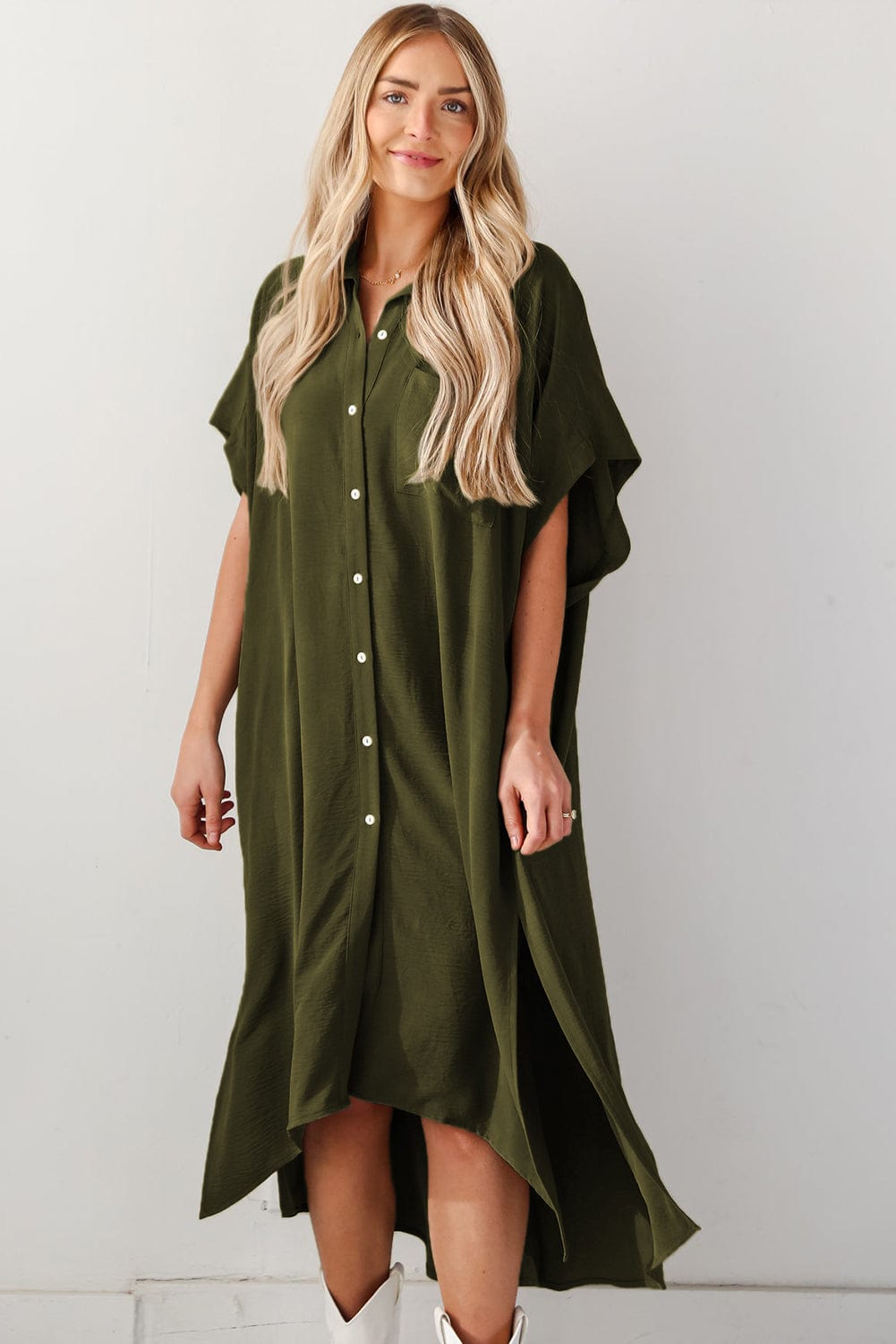 Jungle Green High Low Shirt Dress with Side Slits