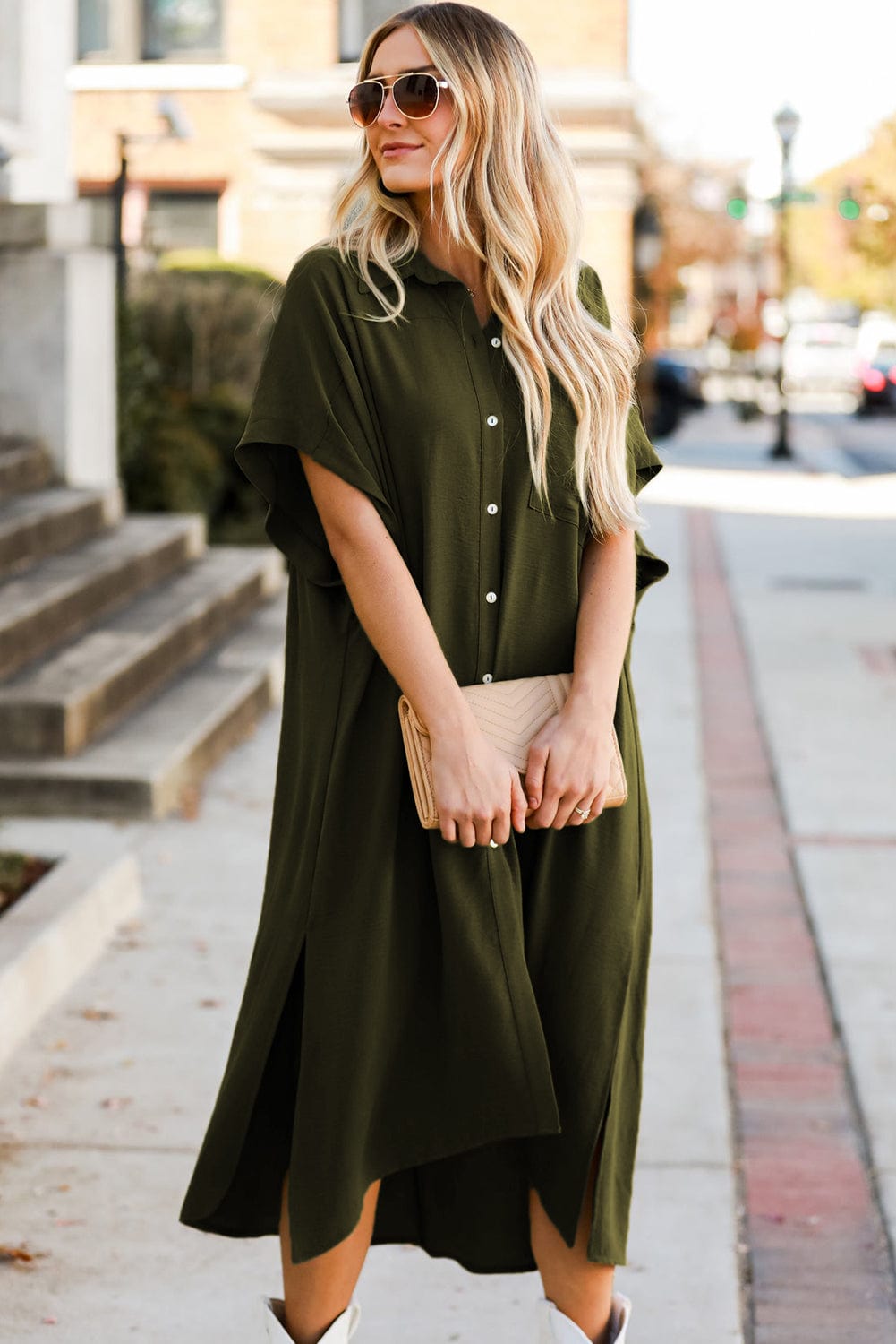 Jungle Green High Low Shirt Dress with Side Slits