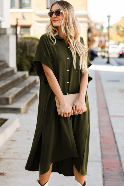 Jungle Green High Low Shirt Dress with Side Slits
