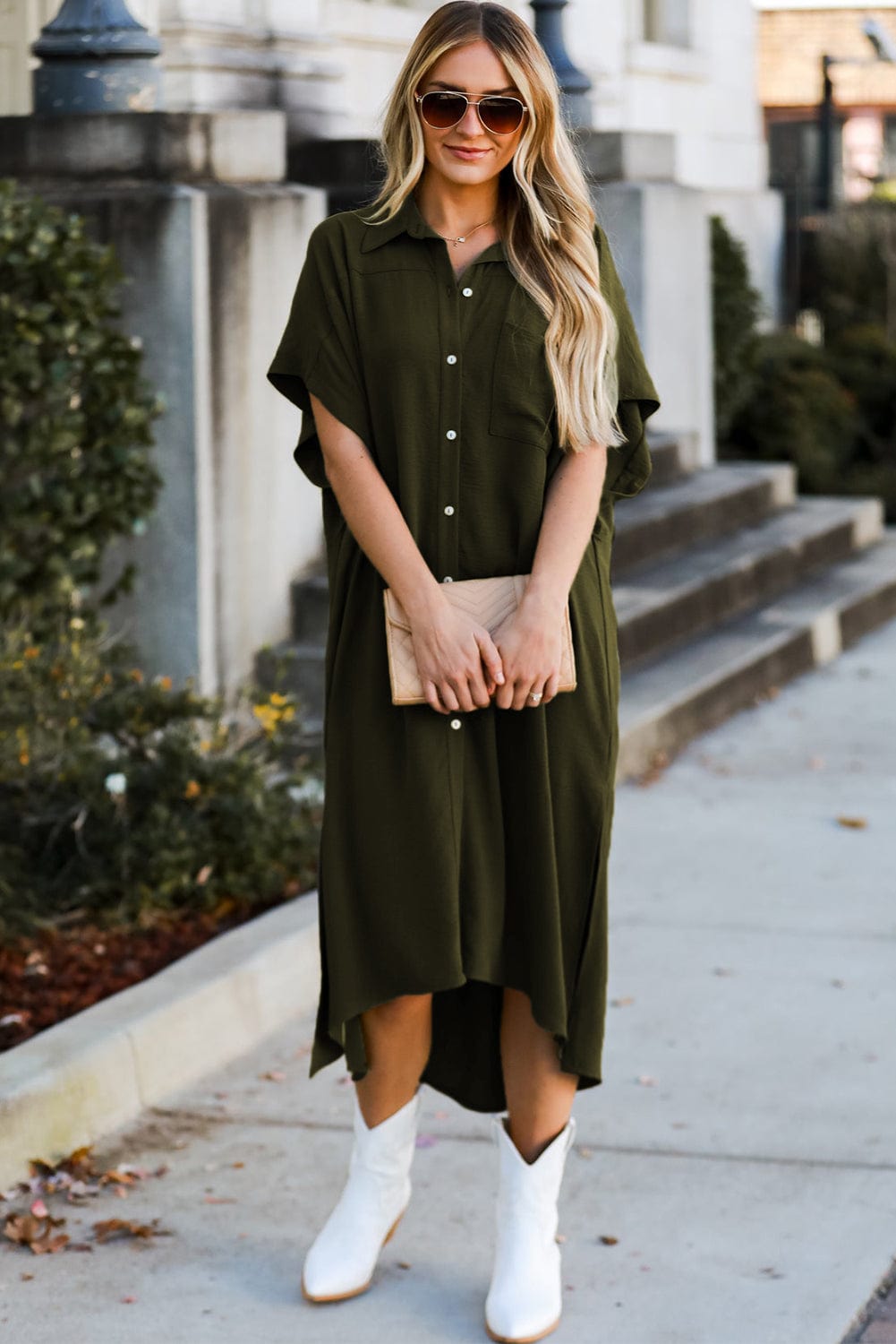 Jungle Green High Low Shirt Dress with Side Slits