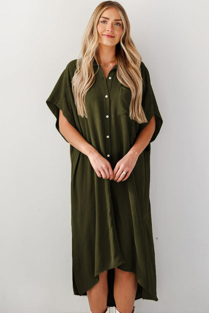 Jungle Green High Low Shirt Dress with Side Slits