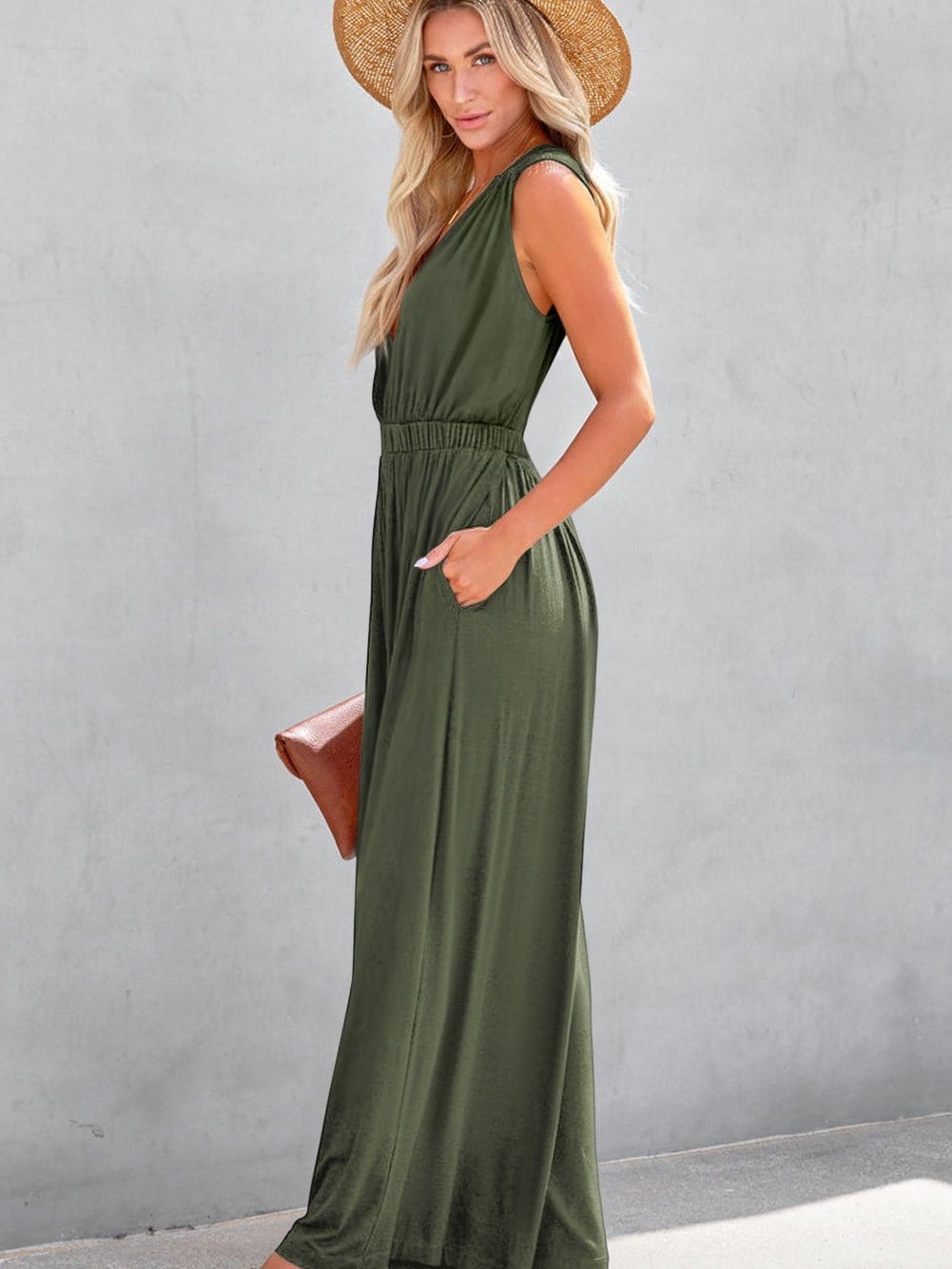 Jungle Green Plunging Neckline Wide Leg Backless Jumpsuit