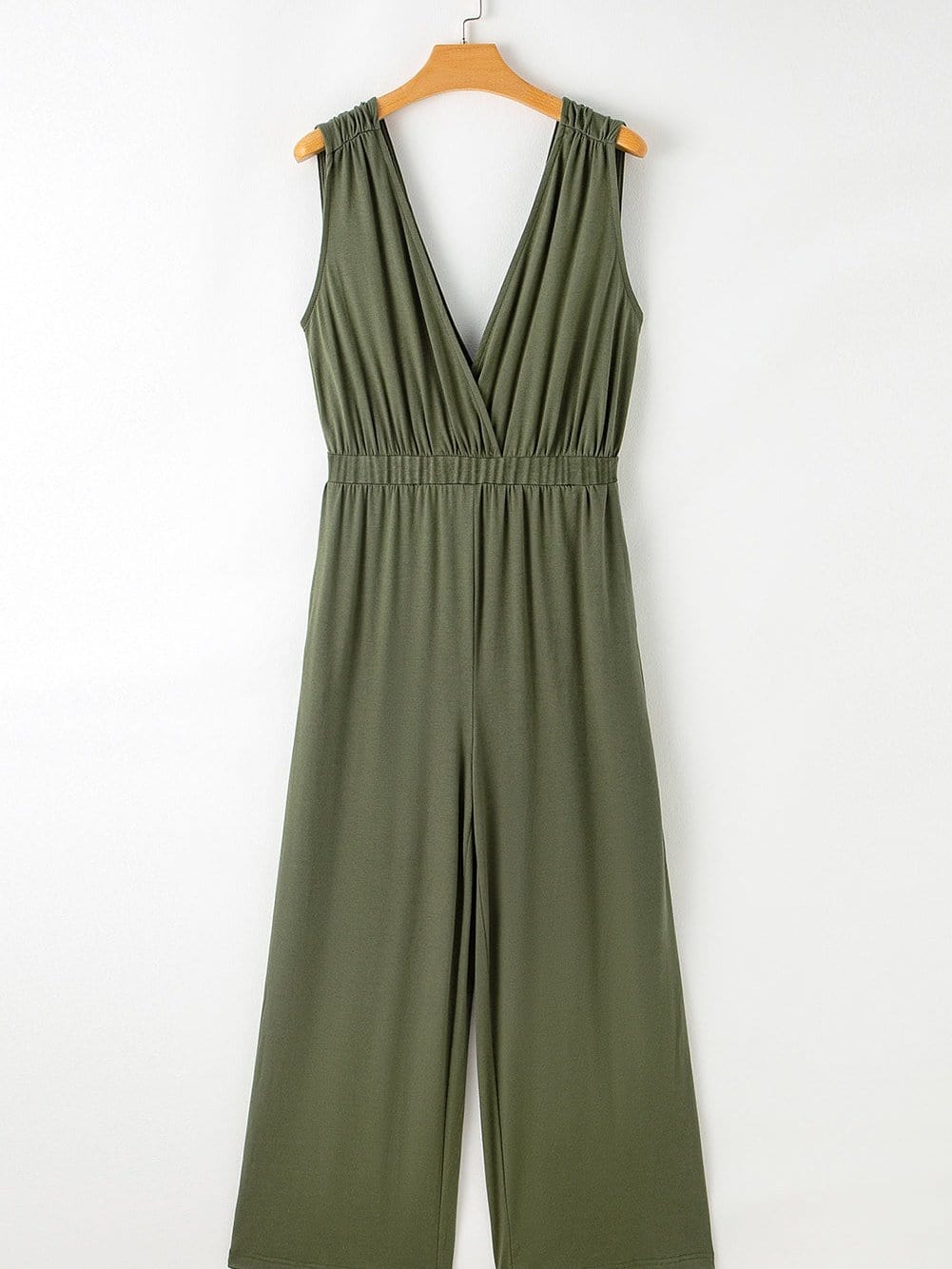 Jungle Green Plunging Neckline Wide Leg Backless Jumpsuit