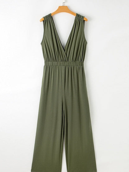 Jungle Green Plunging Neckline Wide Leg Backless Jumpsuit