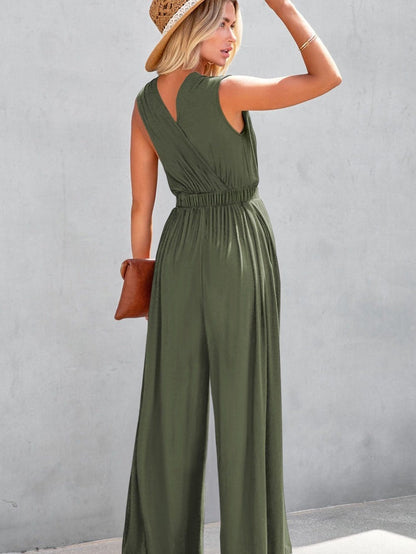 Jungle Green Plunging Neckline Wide Leg Backless Jumpsuit