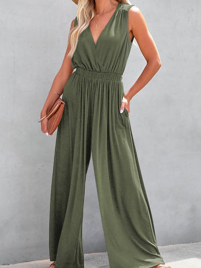 Jungle Green Plunging Neckline Wide Leg Backless Jumpsuit