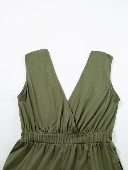 Jungle Green Plunging Neckline Wide Leg Backless Jumpsuit
