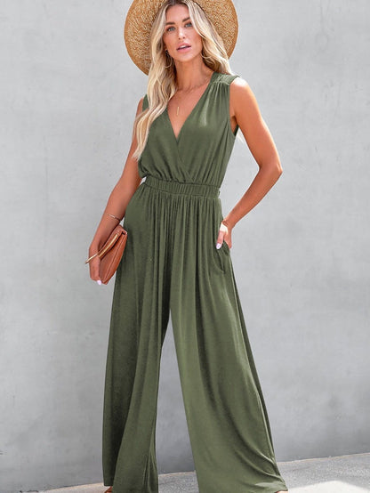 Jungle Green Plunging Neckline Wide Leg Backless Jumpsuit