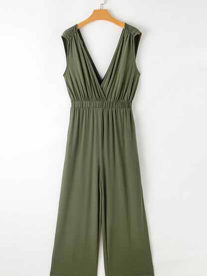 Jungle Green Plunging Neckline Wide Leg Backless Jumpsuit