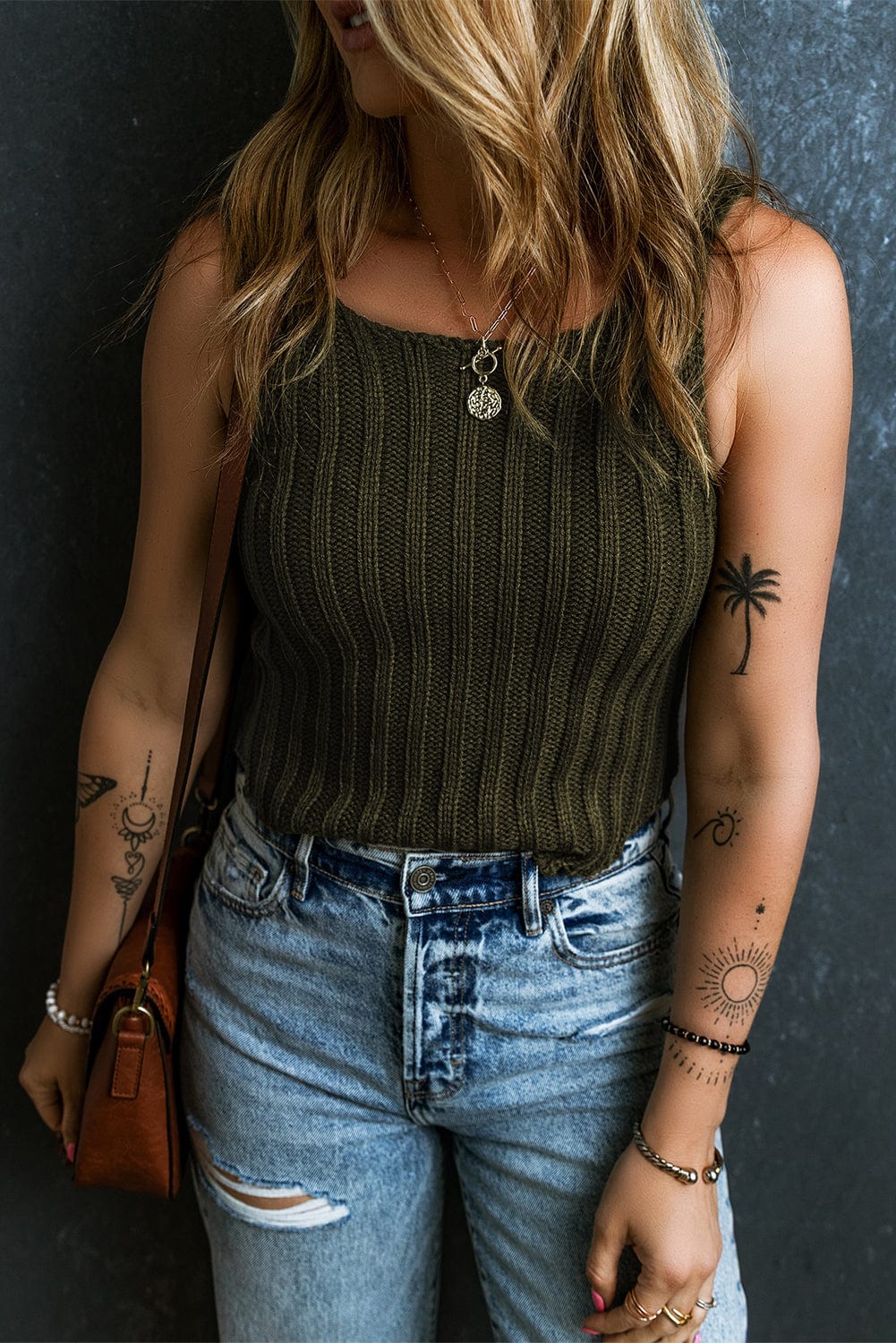 Jungle Green Ribbed Knit Sleeveless Sweater Vest