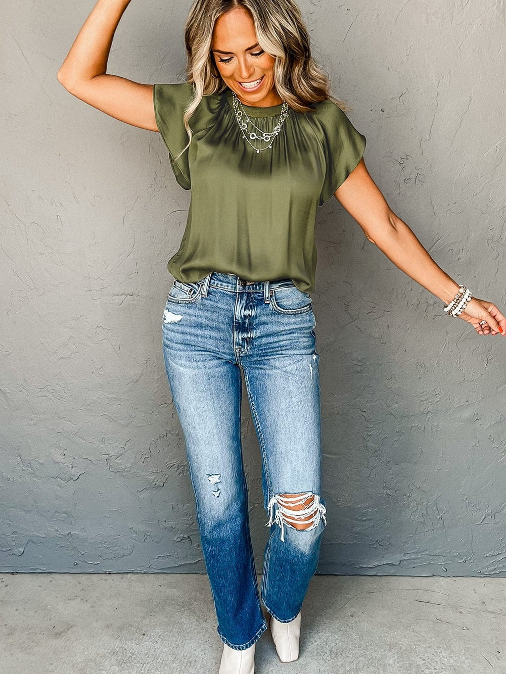 Jungle Green Satin Flutter Sleeve Blouse