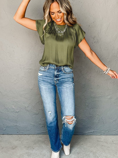 Jungle Green Satin Flutter Sleeve Blouse