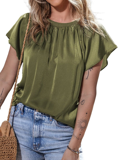 Jungle Green Satin Flutter Sleeve Blouse