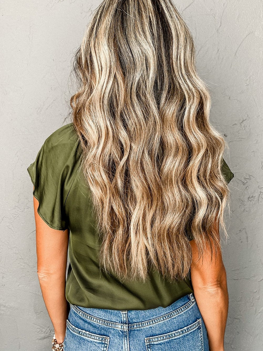 Jungle Green Satin Flutter Sleeve Blouse