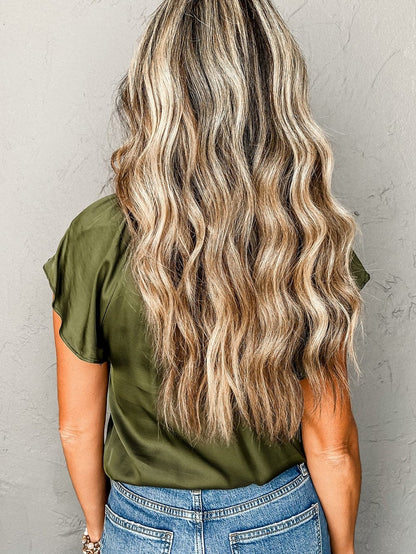 Jungle Green Satin Flutter Sleeve Blouse