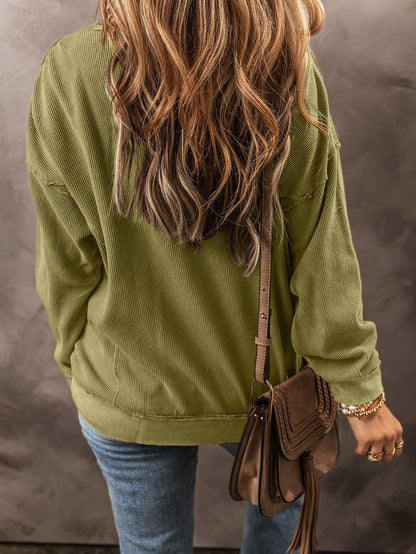 Jungle Green Textured Drop Shoulder Casual Sweatshirt