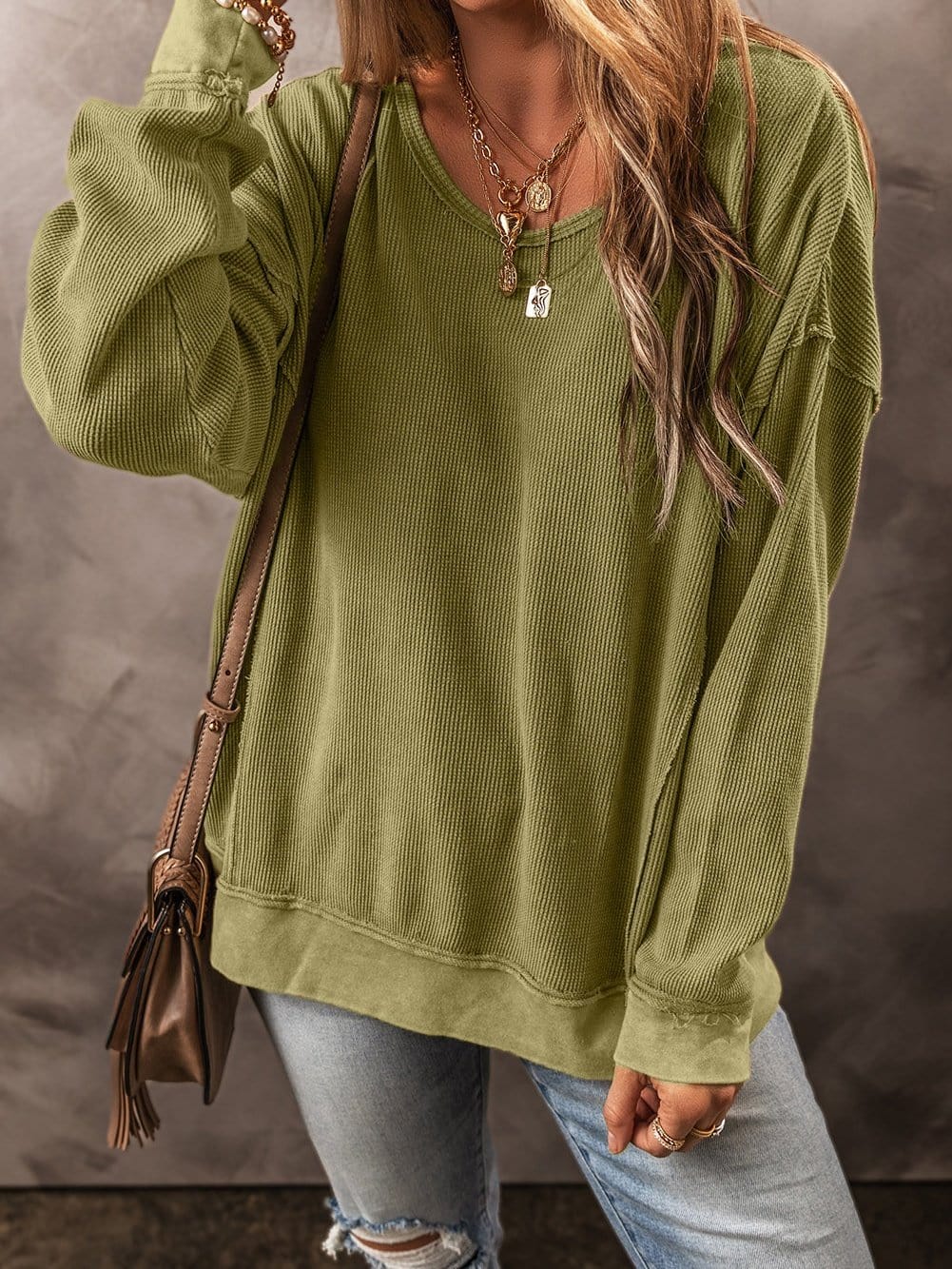 Jungle Green Textured Drop Shoulder Casual Sweatshirt