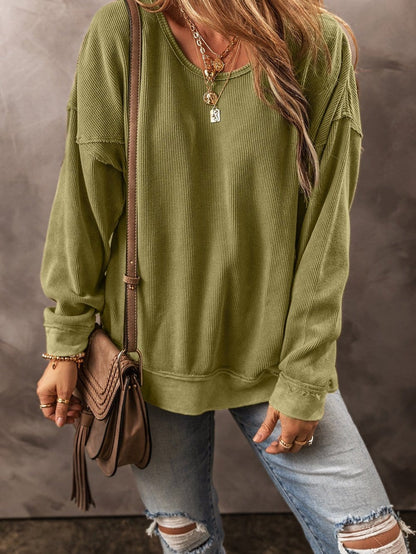 Jungle Green Textured Drop Shoulder Casual Sweatshirt