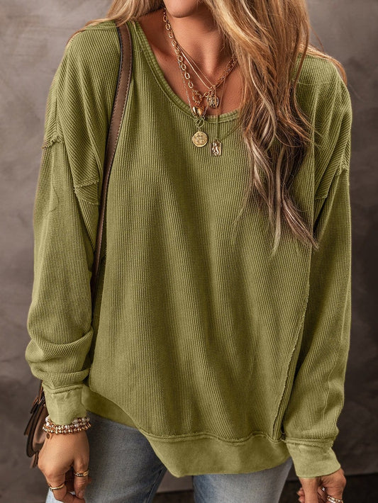 Jungle Green Textured Drop Shoulder Casual Sweatshirt