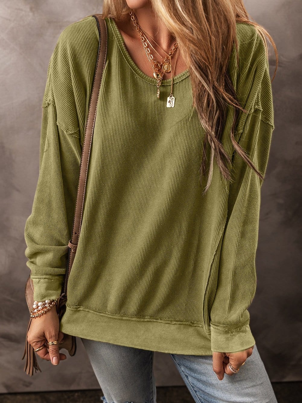 Jungle Green Textured Drop Shoulder Casual Sweatshirt