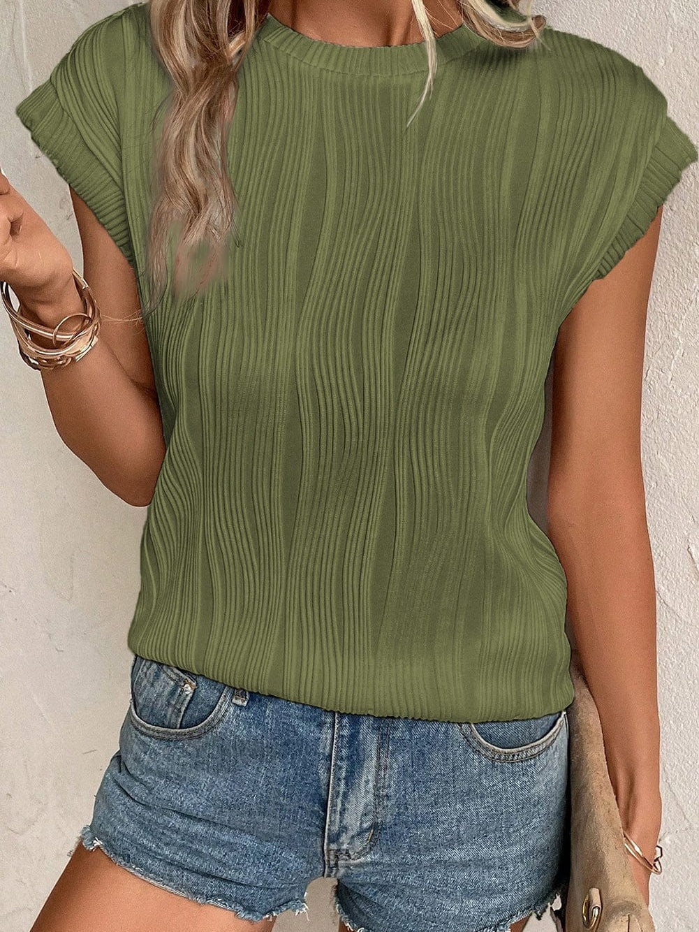 Jungle Green Textured Wave Cap Sleeve Blouse