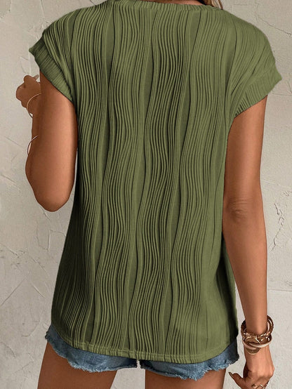 Jungle Green Textured Wave Cap Sleeve Blouse