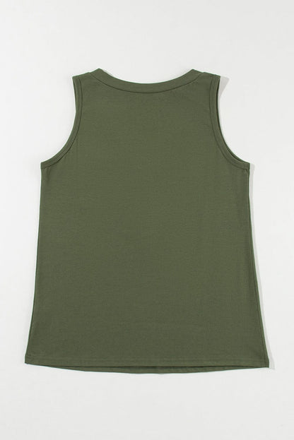 Jungle Green V Neck Sleeveless Tank Top with Patched Pocket