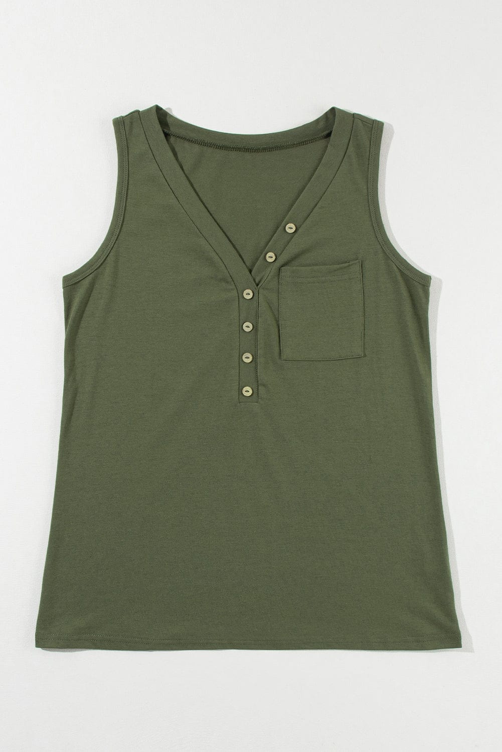 Jungle Green V Neck Sleeveless Tank Top with Patched Pocket