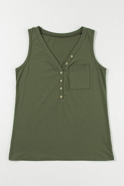 Jungle Green V Neck Sleeveless Tank Top with Patched Pocket