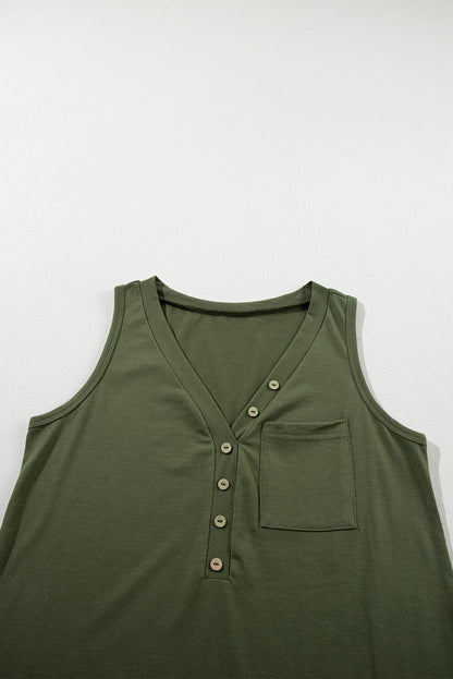 Jungle Green V Neck Sleeveless Tank Top with Patched Pocket