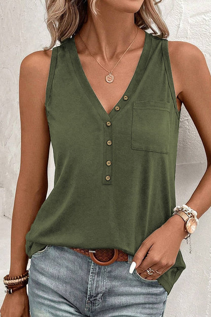 Jungle Green V Neck Sleeveless Tank Top with Patched Pocket