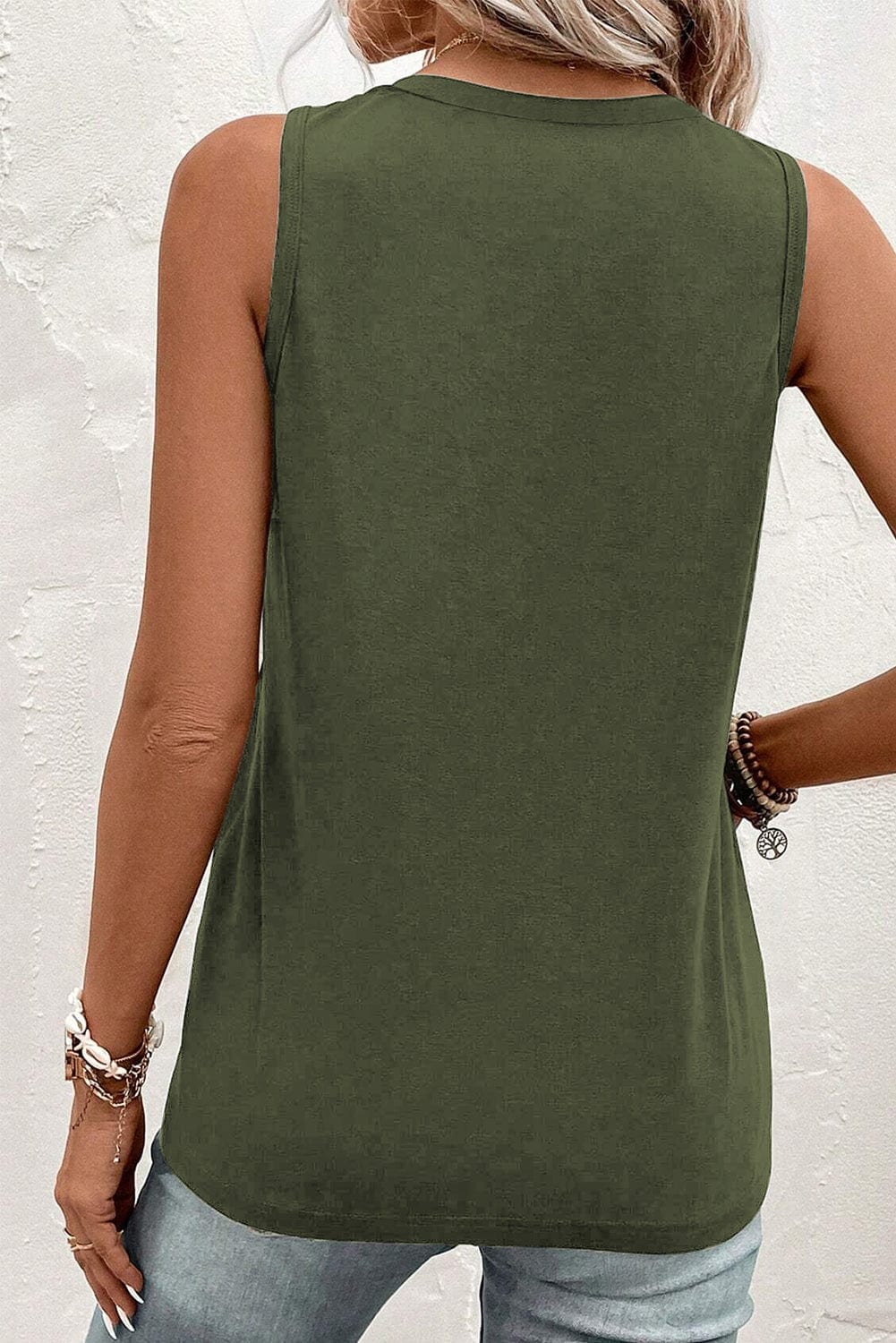 Jungle Green V Neck Sleeveless Tank Top with Patched Pocket