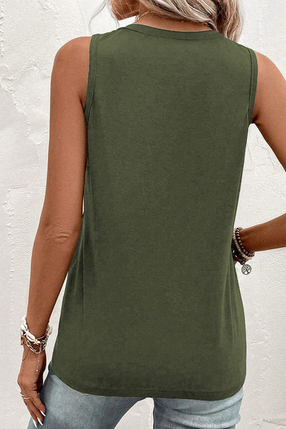 Jungle Green V Neck Sleeveless Tank Top with Patched Pocket