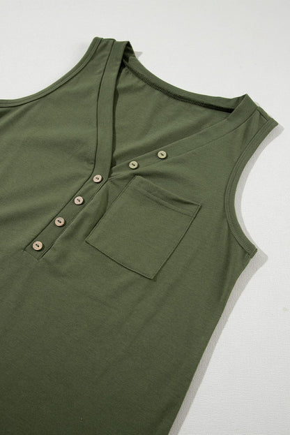 Jungle Green V Neck Sleeveless Tank Top with Patched Pocket