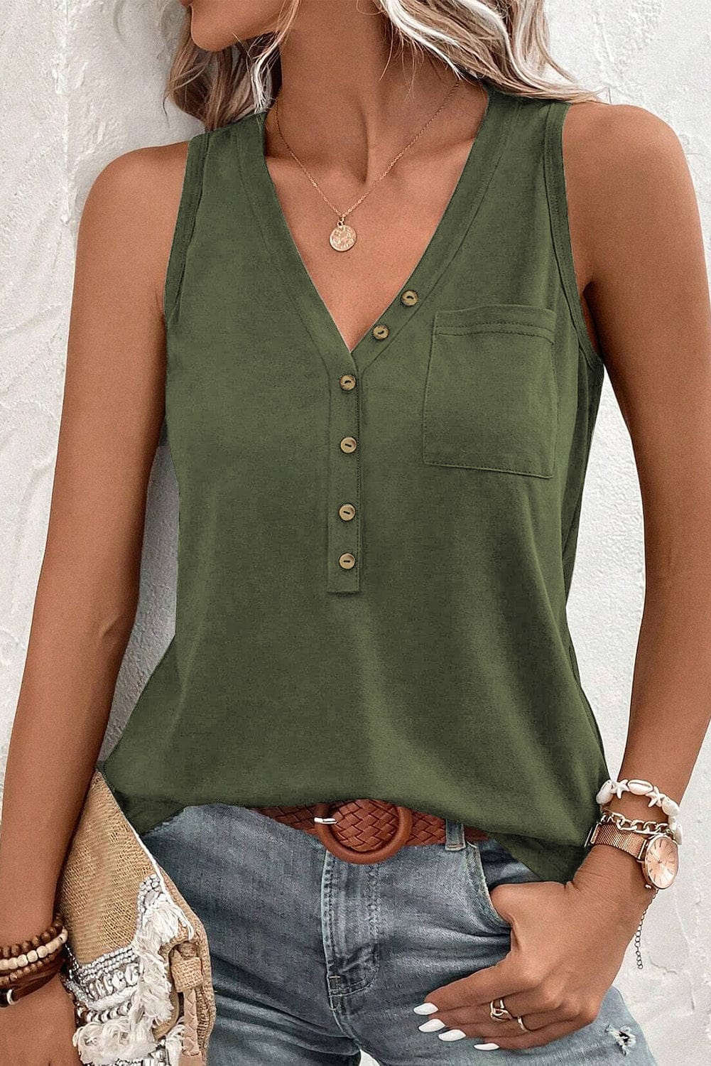 Jungle Green V Neck Sleeveless Tank Top with Patched Pocket