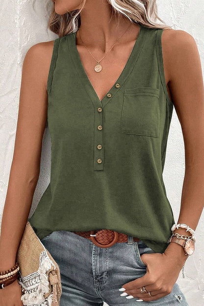 Jungle Green V Neck Sleeveless Tank Top with Patched Pocket