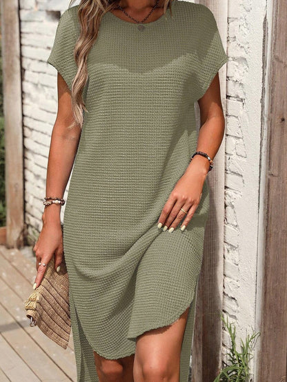 Jungle Green Waffle Knit Batwing Sleeve T-shirt Dress