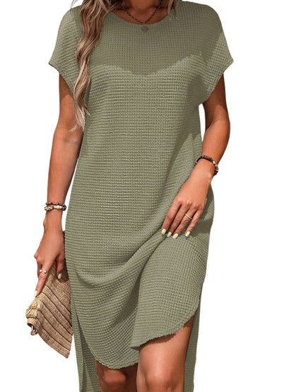 Jungle Green Waffle Knit Batwing Sleeve T-shirt Dress