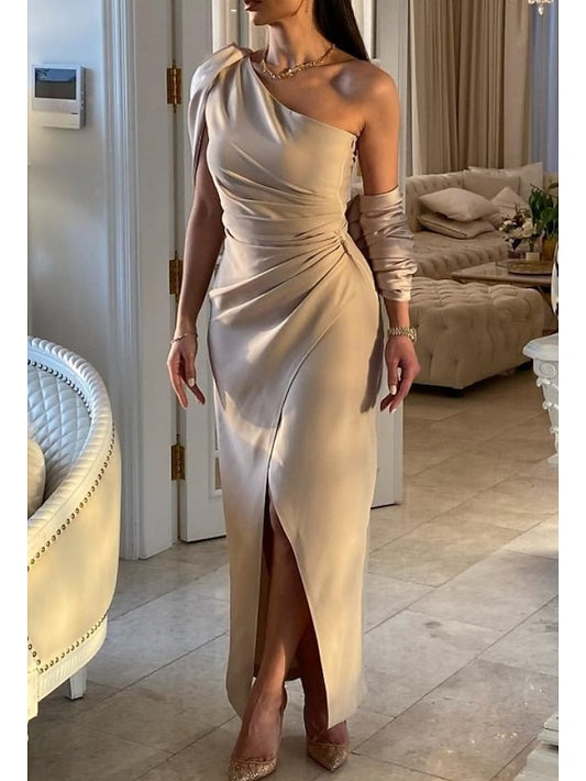 Women's Dress - Prom Dress Party Dress Satin Dress Long Dress Maxi Dress Khaki Sleeveless Pure Color Ruched Summer Spring Fall One Shoulder Fashion Party Winter Dress Birthday 2023 S M L XL XXL 3XL