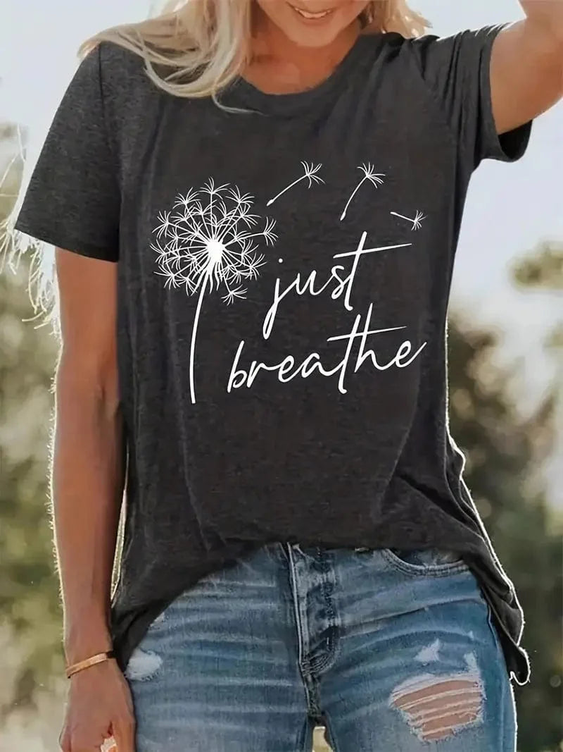 Just Relax Dandelion Print Tee, Casual Crew Neck Short Sleeve Shirt, Ladies Apparel