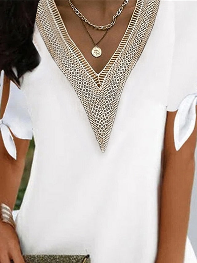 Women's Dress - Casual Dress Lace Dress Summer Dress Plain Cut Out Lace Trim V Neck Mini Dress Elegant Modern Outdoor Street Short Sleeve Regular Fit Black White Pink Summer Spring S M L XL XXL