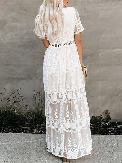 Women's Dress - Party Dress Lace Dress Sheath Dress Long Dress Maxi Dress White Short Sleeve Pure Color Fall Spring Summer Deep V S M L XL XXL