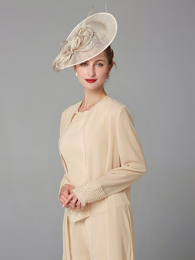Jumpsuit / Pantsuit 3 Piece Mother of the Bride Dress Formal Plus Size Elegant Wrap Included Bateau Neck Floor Length Chiffon Sleeveless with Beading Appliques 2023 - LuckyFash™