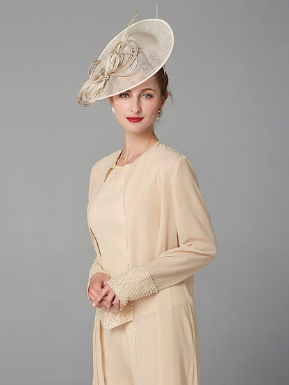 Jumpsuit / Pantsuit 3 Piece Mother of the Bride Dress Formal Plus Size Elegant Wrap Included Bateau Neck Floor Length Chiffon Sleeveless with Beading Appliques 2023 - LuckyFash™