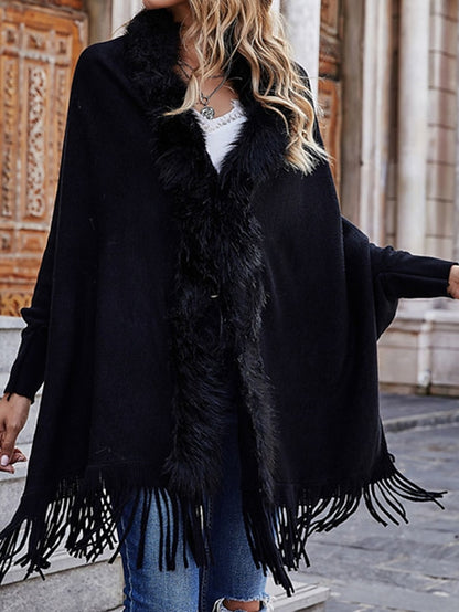 Women's Poncho Sweater Open Front Ribbed Knit Acrylic Tassel Knitted Fall Winter Tunic Outdoor Daily Going out Stylish Casual Soft Long Sleeve Pure Color Black Pink Wine S M L