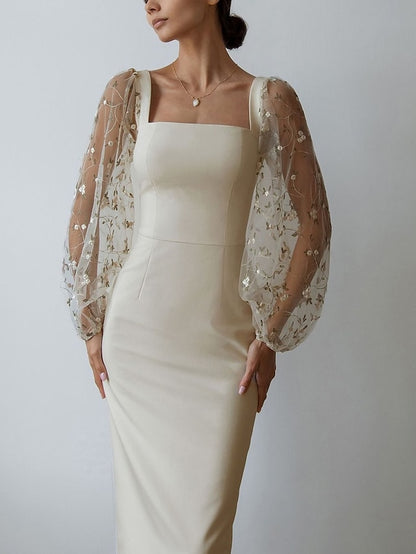 Women's Dress - Semi Formal Party Dress Sheath Dress Midi Dress Black White Long Sleeve Floral Mesh Fall Spring Square Neck Winter Dress Wedding Guest Mesh S M L XL