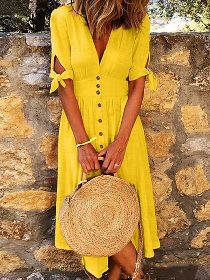 Women's Dress - Shirt Dress Sundress A Line Dress Maxi long Dress Outdoor Daily Holiday Polyester Vacation Hot V Neck Ruched Patchwork Short Sleeve Summer Spring 2023 Regular Fit Yellow Purple Orange Pure