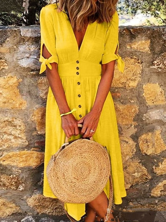 Women's Dress - Shirt Dress Sundress A Line Dress Maxi long Dress Outdoor Daily Holiday Polyester Vacation Hot V Neck Ruched Patchwork Short Sleeve Summer Spring 2023 Regular Fit Yellow Purple Orange Pure