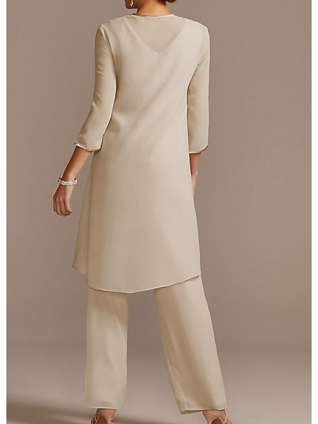 Jumpsuit / Pantsuit Mother of the Bride Dress Formal Elegant Jewel Neck Floor Length Chiffon Lace 3/4 Length Sleeve with Beading Appliques 2023 - LuckyFash™