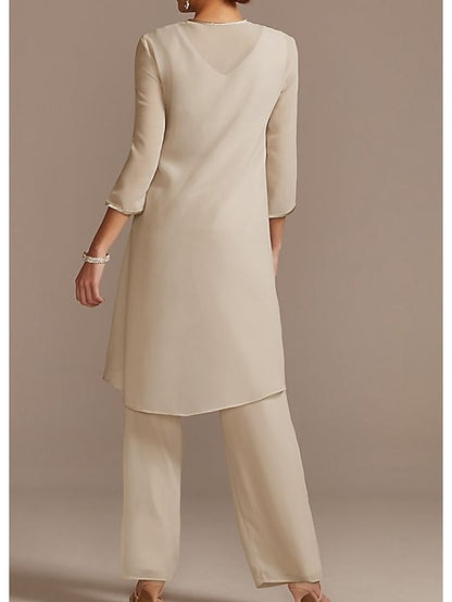 Jumpsuit / Pantsuit Mother of the Bride Dress Formal Elegant Jewel Neck Floor Length Chiffon Lace 3/4 Length Sleeve with Beading Appliques 2023 - LuckyFash™